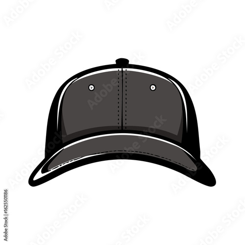 Stylish dark grey baseball cap illustration with black accents and stitching details