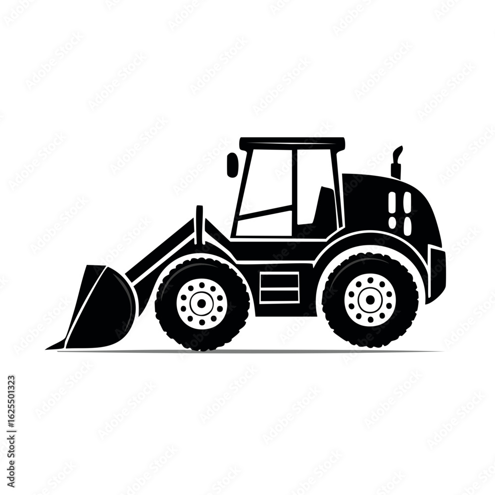Naklejka premium Black silhouette of a powerful front end loader construction vehicle icon illustration