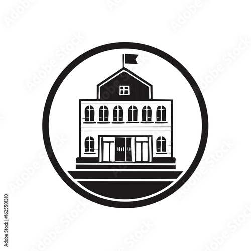 Vintage Building with Flagpole Icon in Circle: Architectural Heritage and Government Symbol