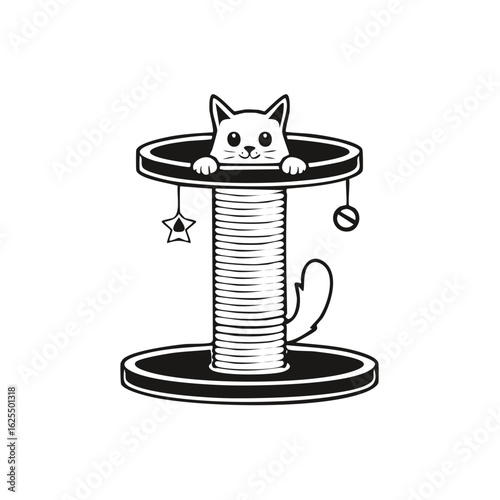 Cute cartoon cat playing on scratching post with toys