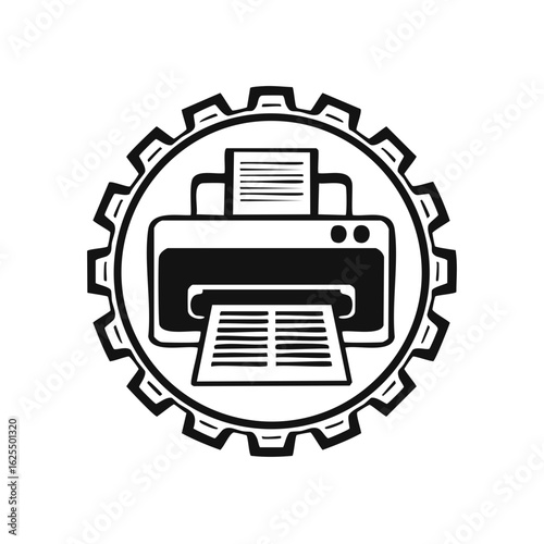 Printer and gear illustration, a black and white logo for printing industry and machine service