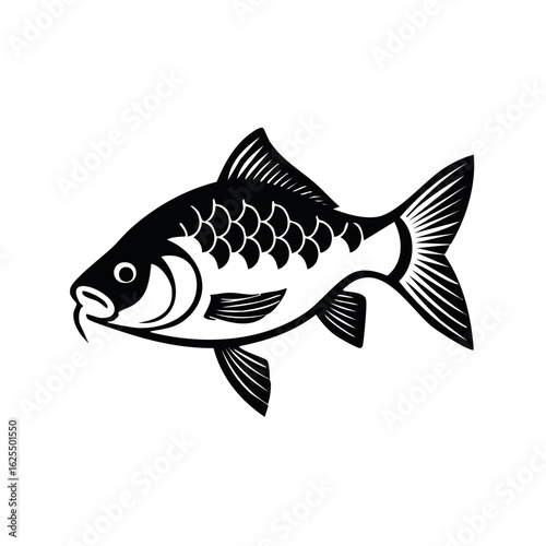 Stylized black and white illustration of a carp fish showing its scales and fins