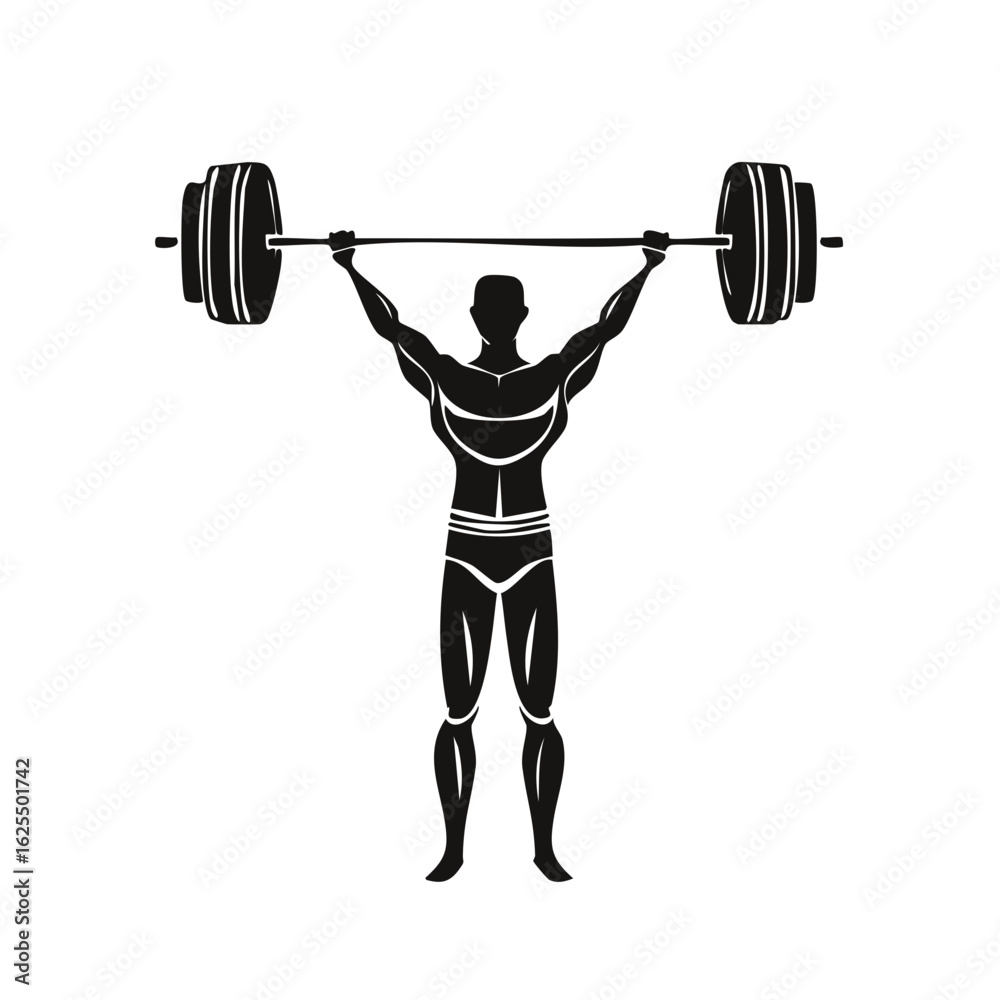Fototapeta premium Muscular silhouette athlete lifting heavy barbell overhead in powerful weightlifting pose