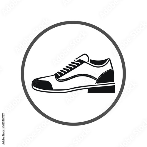 Black and white vector icon of a classic men's formal dress shoe in a circular design