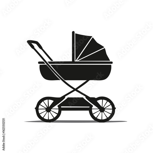 Black Silhouette Baby Carriage Icon Classic Pram Stroller Vector Design
