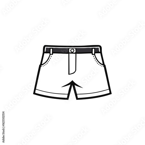 Simple black and white line art illustration of casual shorts with belt and pockets
