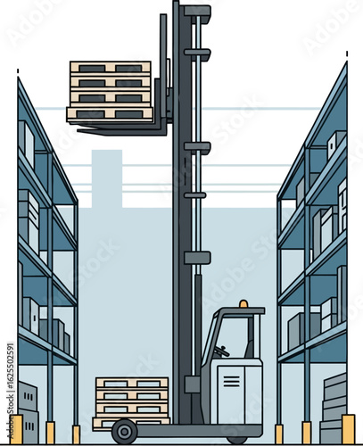 Forklift moving pallets in a warehouse aisle between tall storage racks.