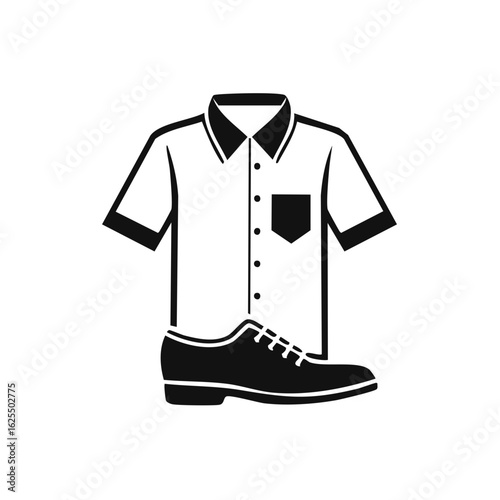 Stylized graphic icon of a short-sleeved collared shirt paired with a formal oxford shoe.