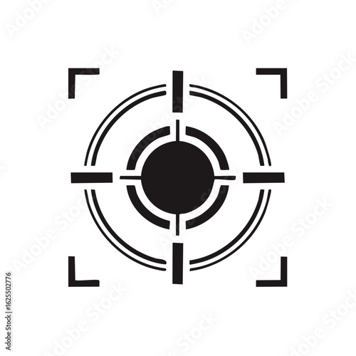Black and white target crosshairs for aiming and focus on achieving goals and objectives, with circular design and sight