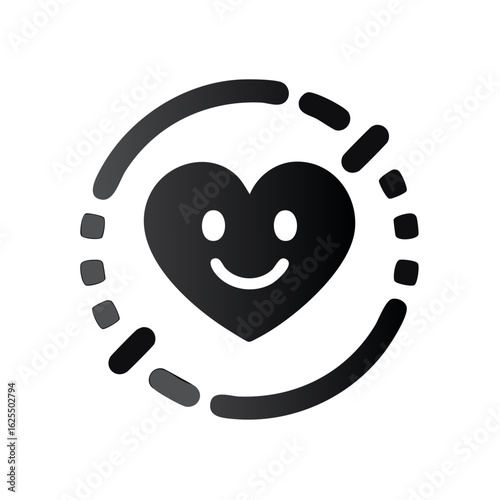 Happy Heart Icon with Orbiting Elements Symbolizing Care and Well-being