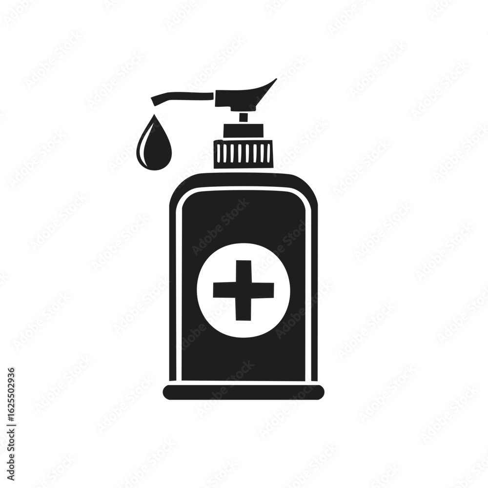Fototapeta premium Hand sanitizer pump bottle with a medical cross symbol dispensing a drop, flat vector icon for hygiene.