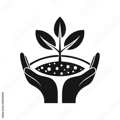 Black and white vector icon of hands nurturing a young sapling for conservation and sustainability concepts