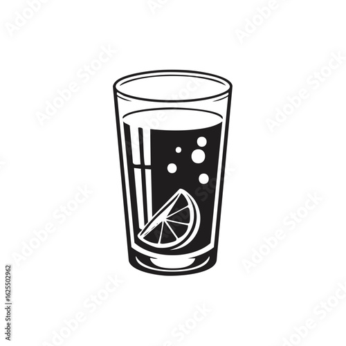 Glass of fizzy drink with a lemon wedge black and white vector illustration