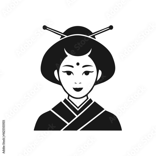 Minimalist Traditional Japanese Woman Avatar Portrait with Elegant Hairpins and Kimono Style
