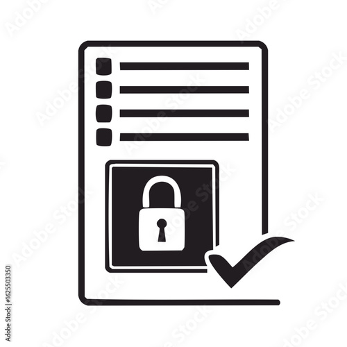 Secured information document with padlock symbol and checkmark for verified access