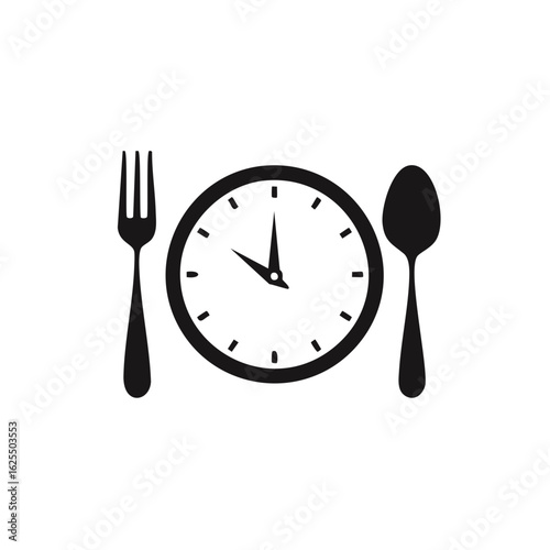 Clock face as a plate with fork and spoon, symbolizing mealtime, lunch break, and eating schedule.