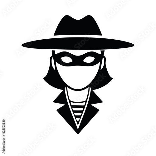 Classic black and white silhouette icon of a mysterious female spy or private investigator with a hat and mask.