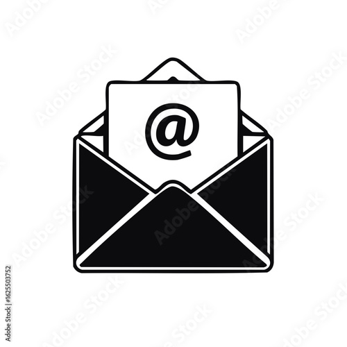 Email message icon with open envelope and at symbol for digital contact marketing and online communication