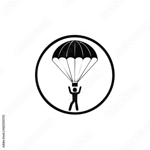 Simple black and white icon of a person with a parachute. Vector graphic symbol for skydiving or an airdrop.