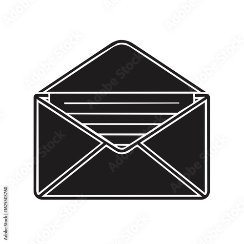 Open envelope with a letter inside. Black silhouette vector icon for mail and communication.