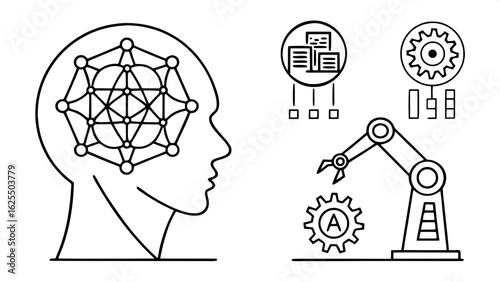 "Modern thin stroke vector icons for digital AI technologies. Include deep learning, AI brain, data clustering, generative networks, and autonomous machines."
