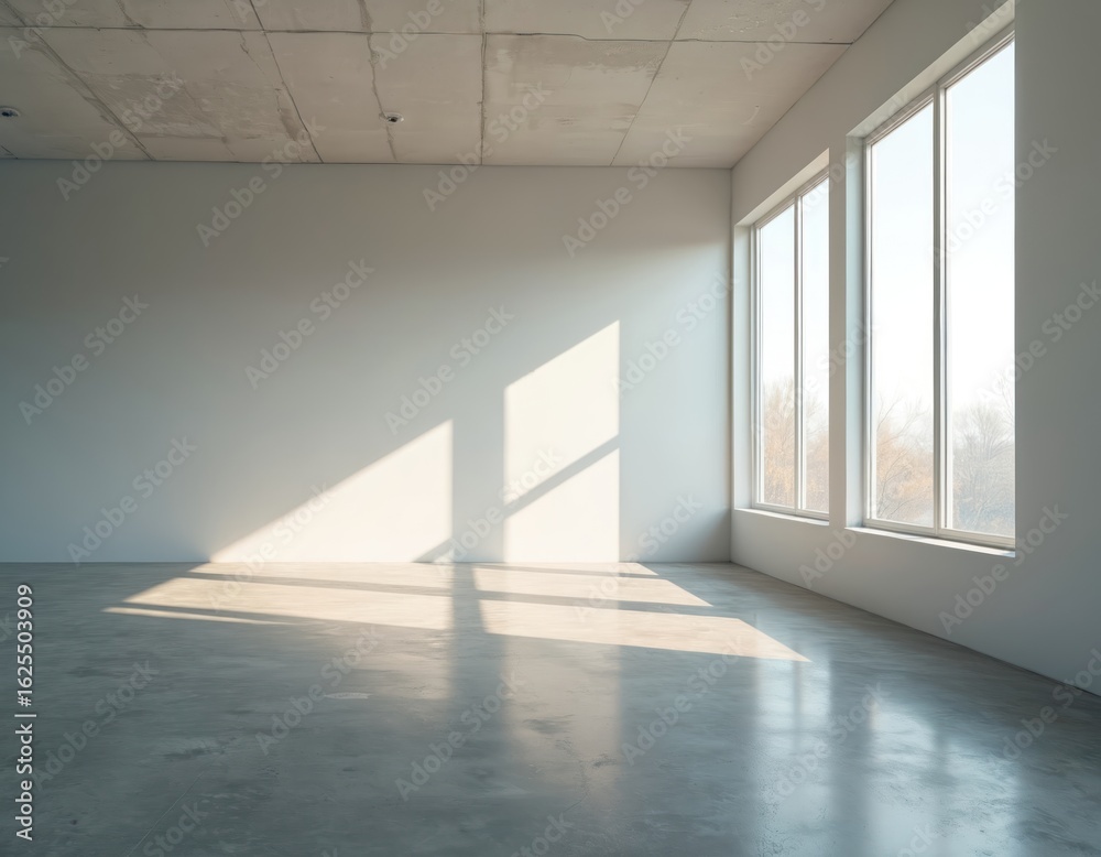 Fototapeta premium Minimalist interior room with bright natural light, concrete floor. Large windows offer view of trees. Modern architecture, empty space, clean design, perfect for architectural visualization home