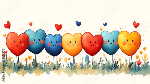 Row of Happy Colorful Hearts in a Garden - Valentine's Day Illustration