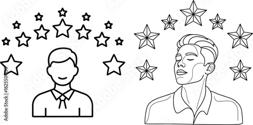 Line art of dreaming people with stars, minimalist outline drawing style