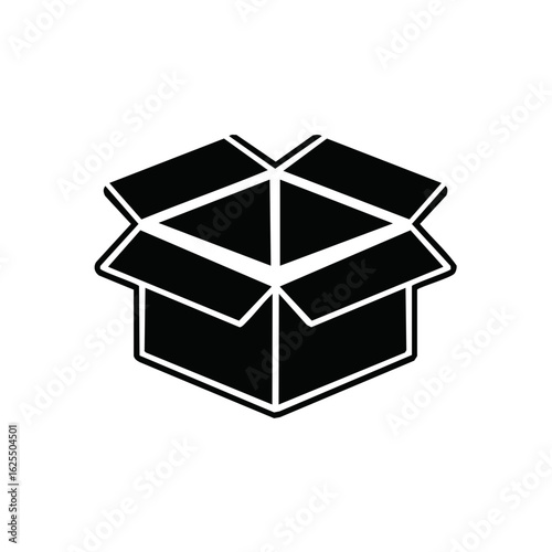 Black and white icon of an open cardboard box for packaging shipping and delivery services