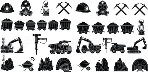 Mining industry collection with equipment, tools, and minerals in black silhouette style
