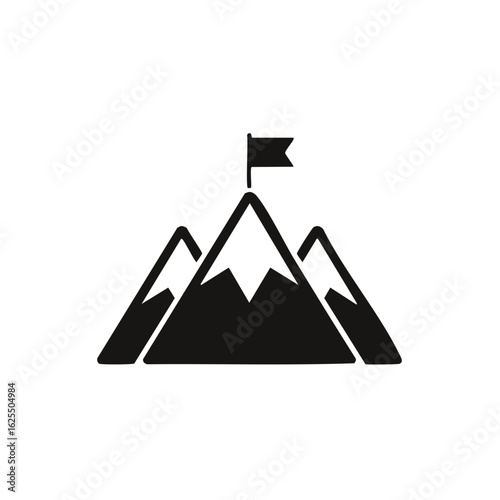 Three Mountain Peaks with Flag on Top Represents Goal Achievement Concept