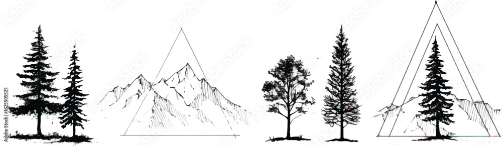 Fototapeta premium Black ink line drawing of trees and mountains, simple design, white background, logo-style vector art