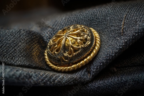 Ornate Gold Button on Dark Denim Fabric