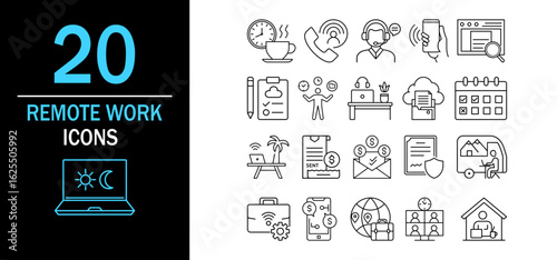 Vector set of 20 remote work outline icons. Modern linear icon set depicting various aspects of remote work: time tracking, video calls, task management, cloud storage, team collaboration.