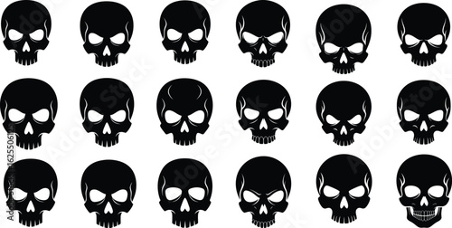 Seamless pattern of black skull silhouettes with various facial expressions for Halloween projects