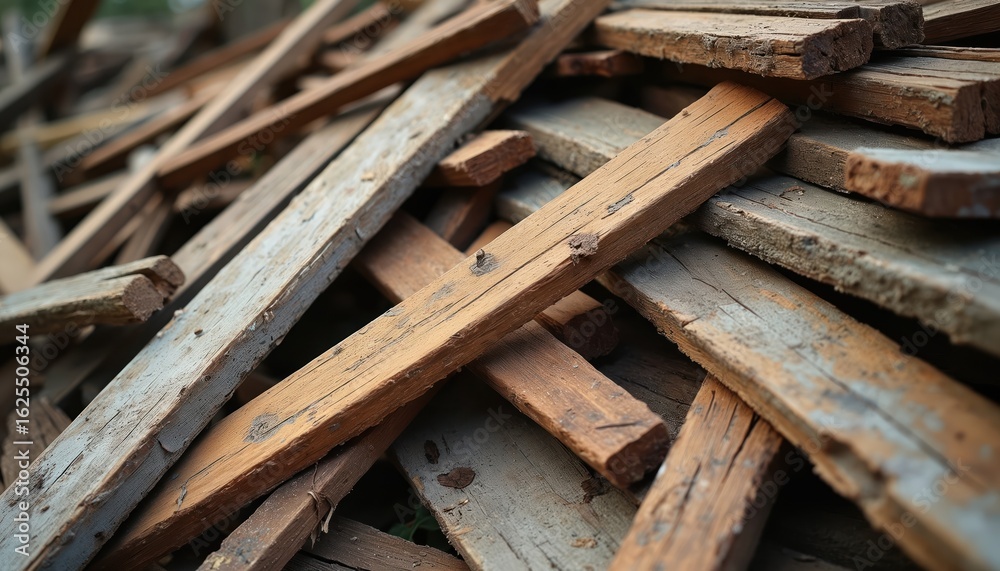 Chaotic heap of discarded wood trim boards displays varying textures, colors in cluttered woodpile environment. Used timber, construction material scraps create rustic, messy background. Ideal for Chaotic heap of discarded wood trim boards displays varying textures, colors in cluttered woodpile environment. Used timber, construction material scraps create rustic, messy background. Ideal for
