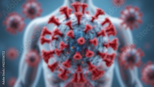 3D rendered close-up of coronavirus (COVID-19) with spike proteins. Viral infection concept with blurred background, microscopic view, and healthcare theme.