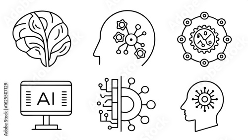 "Set of editable thin line icons representing artificial intelligence and machine learning concepts. Include AI brain, neural networks, data analysis, and automation. Clean vector style, modern and mi