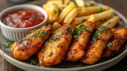Crispy Fried Fish Fingers with French Fries and Salsa