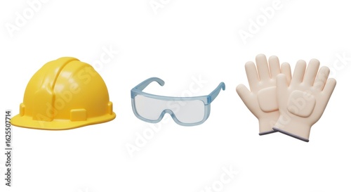 Safety First: Yellow Hard Hat, Blue Safety Glasses, and Protective Gloves on White