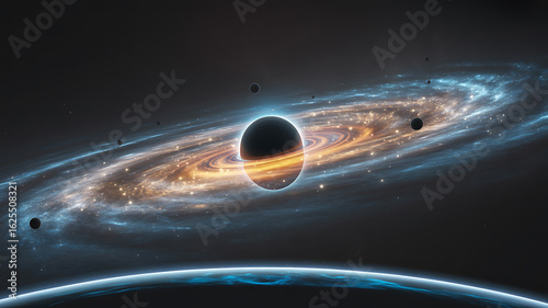 Swirling galaxy with a black hole and orbiting planets in deep space universe cosmos