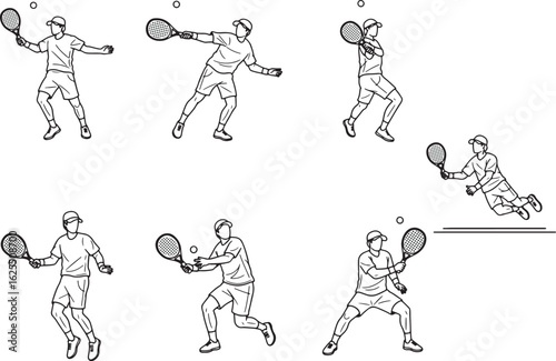 "Dynamic Tennis Player Action Poses in Clean Line Art Style for Sports and Athletic Design Use"