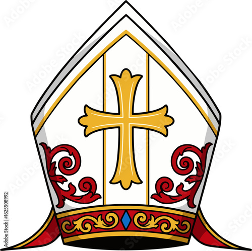 Ornate Bishop Mitre Vector Illustration – White and Gold Mitre with Red Scrollwork and Cross Symbol