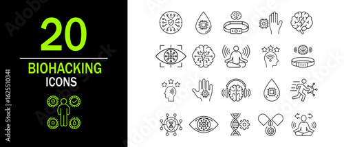 20 biohacking icons related to internal optimization, DNA, blood analysis, eye health, nootropics, immune system, brain, and smart wellness devices.