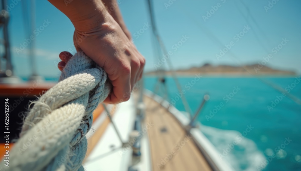 Obraz premium Close-up of hands tightly gripping thick rope on a sailing yacht. Clear blue sky above. Focus on steady hold during journey on calm turquoise ocean water near distant island. Nautical adventure.