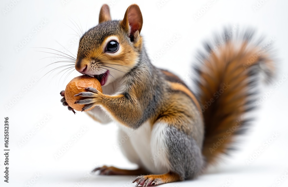 Obraz premium Cute squirrel eating a nut, close-up shot. Fluffy mammal with brown fur, bushy tail, holding food with tiny paws. Isolated on white background, perfect for nature or cartoon themes.
