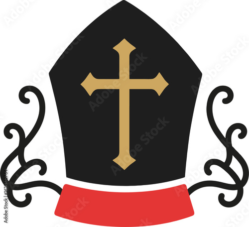 Minimalist Black Bishop Mitre Vector – Flat Design with Gold Cross and Red Trim