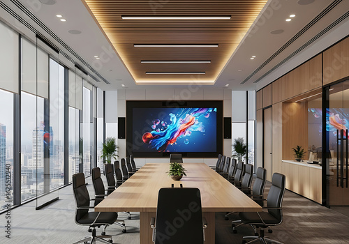 Modern conference room with large screen and city view, ideal for business meetings