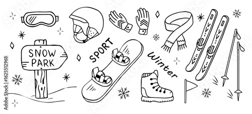 Set of winter sport elements: snowboard, skis, boots, helmet, gloves, goggles, scarf, poles. Hand-drawn black and white vector doodle. Perfect for posters, prints, web, kids projects, and stickers.