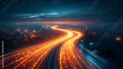 Night City Highway Lights Trails Over Urban Skyline